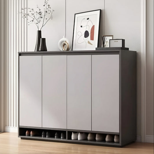 Modern shoe cabinet with shoes underneath in a room setting
