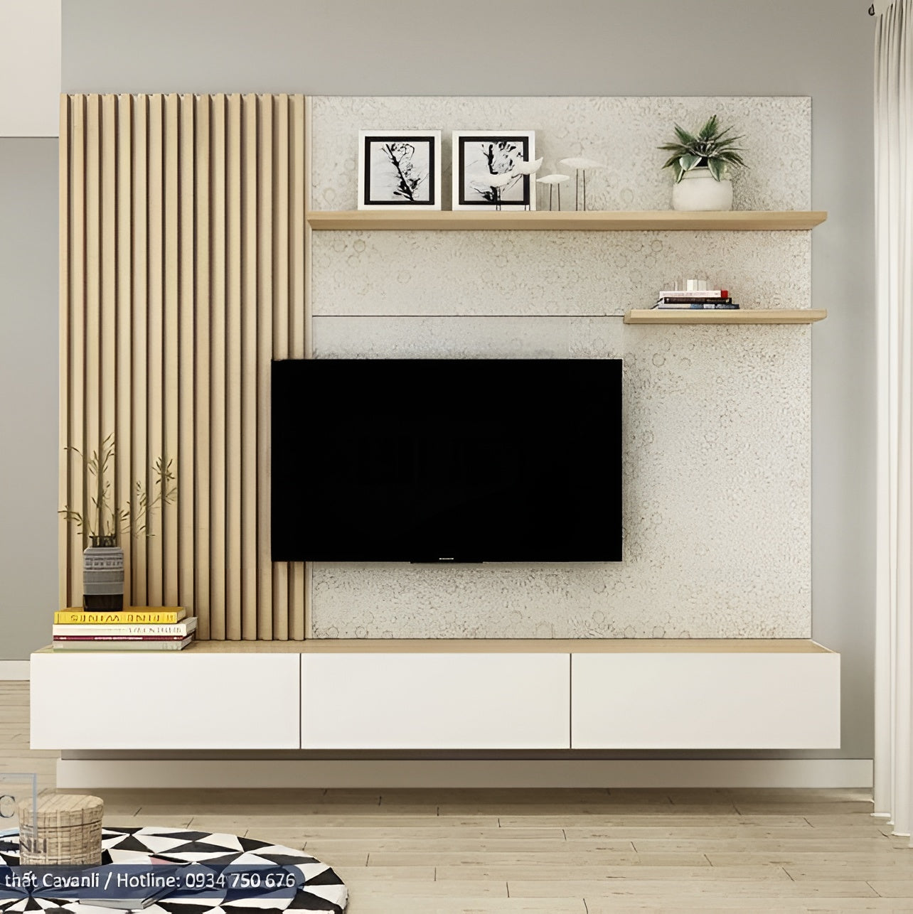 Modern living room setup with a television, shelves, and decorative items.
