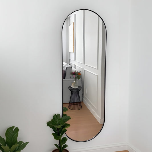 Long, thin mirror leaning against a white wall with a plant in the foreground.