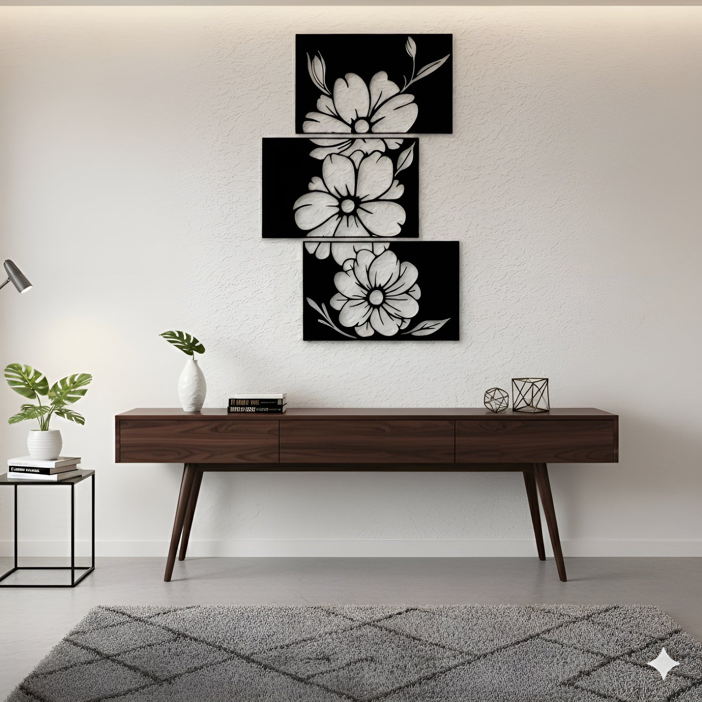 Modern living room with a wooden console table and floral wall art.