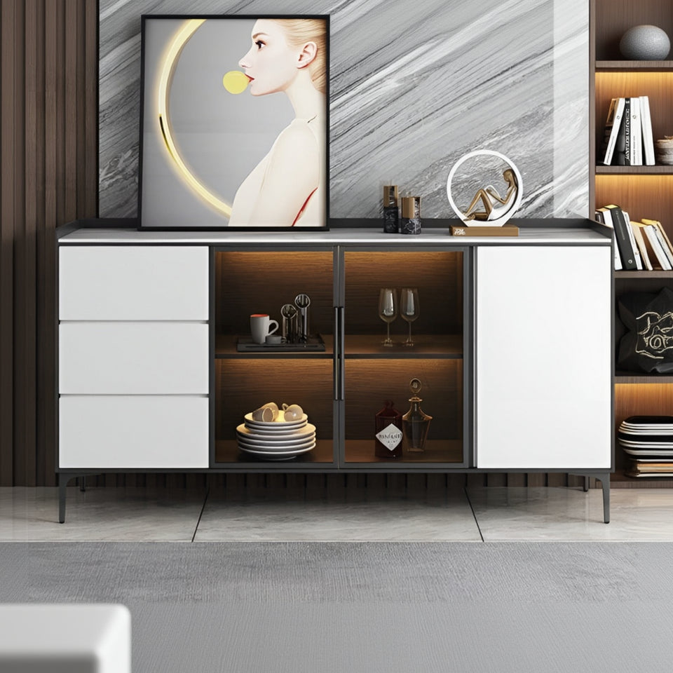 Modern kitchen cabinet with open shelves displaying kitchenware against a marble wall.