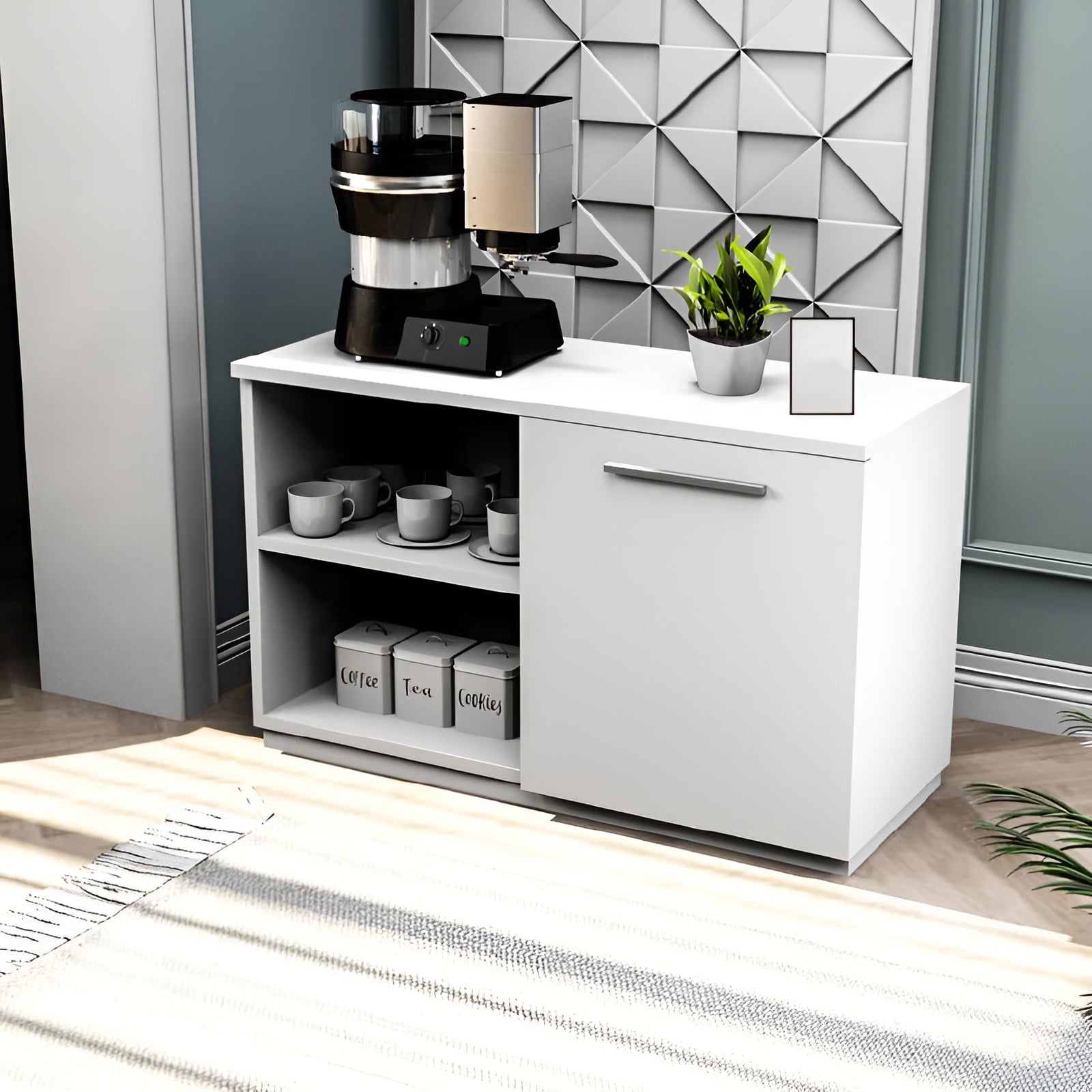 White kitchen cabinet with coffee maker and decor items in a modern kitchen setting.