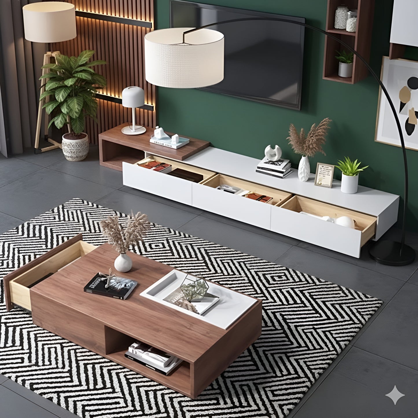 Modern living room with a wooden coffee table, white TV stand, and decorative items.
