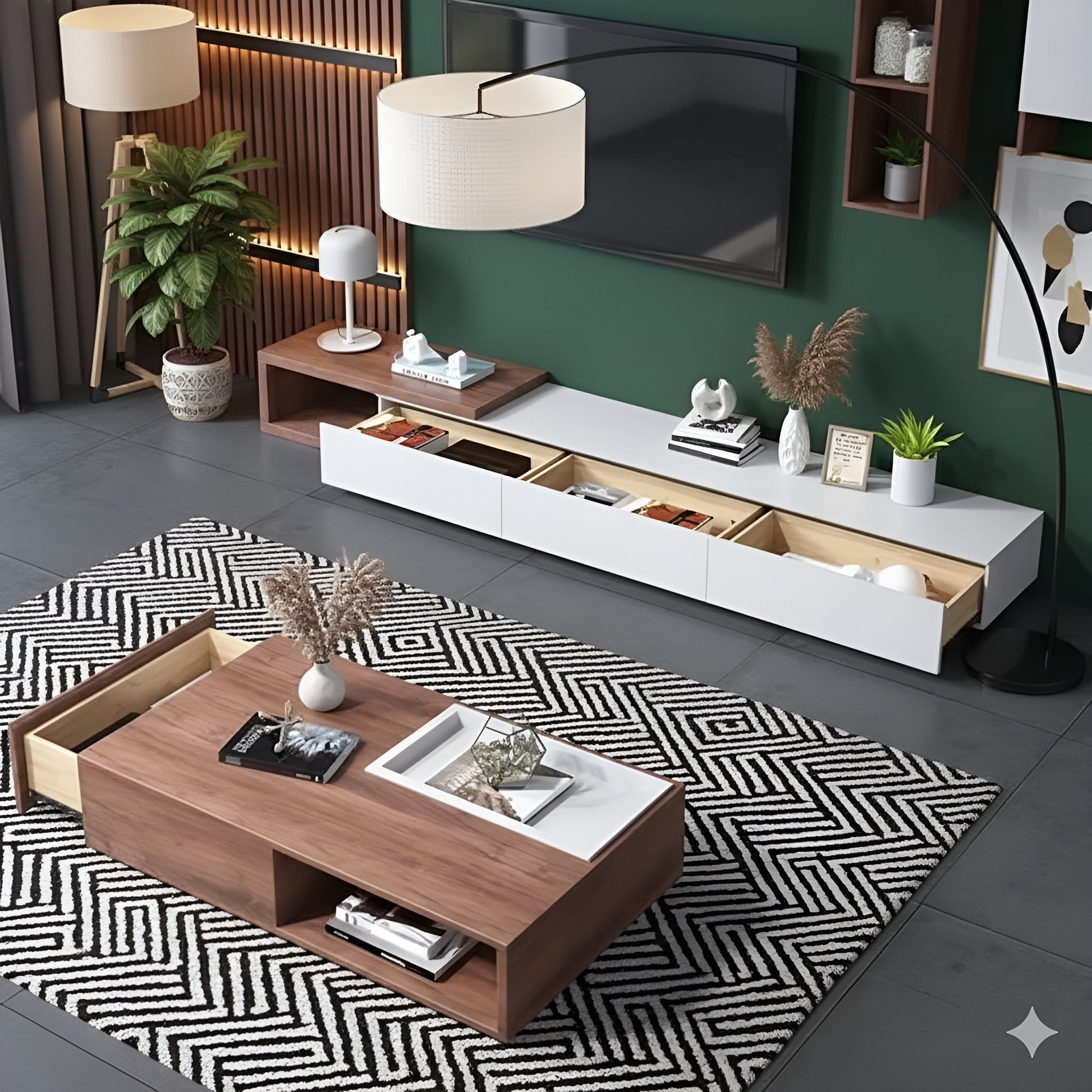 Modern living room with a wooden coffee table, white TV stand, and decorative items.