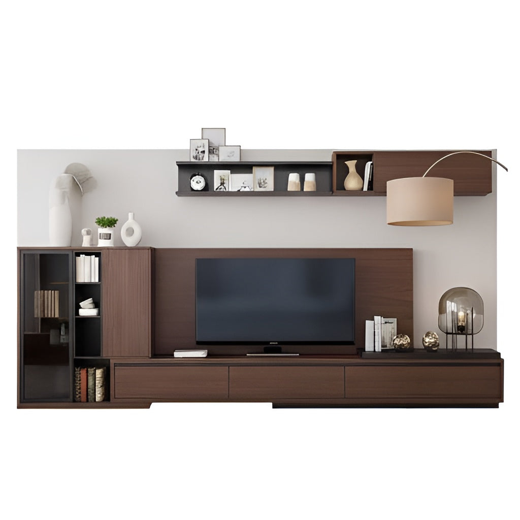 Modern wooden entertainment center with TV and shelves against a white wall
