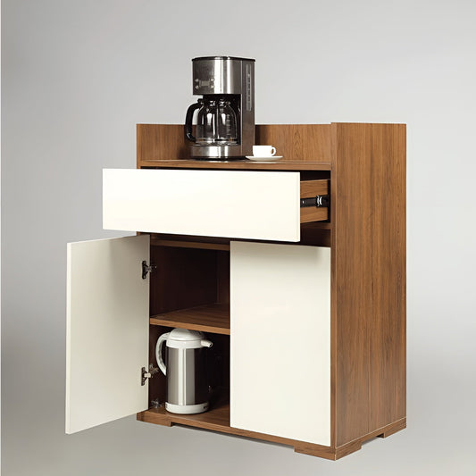 Small wooden cabinet with white doors containing kitchen appliances on a gray background