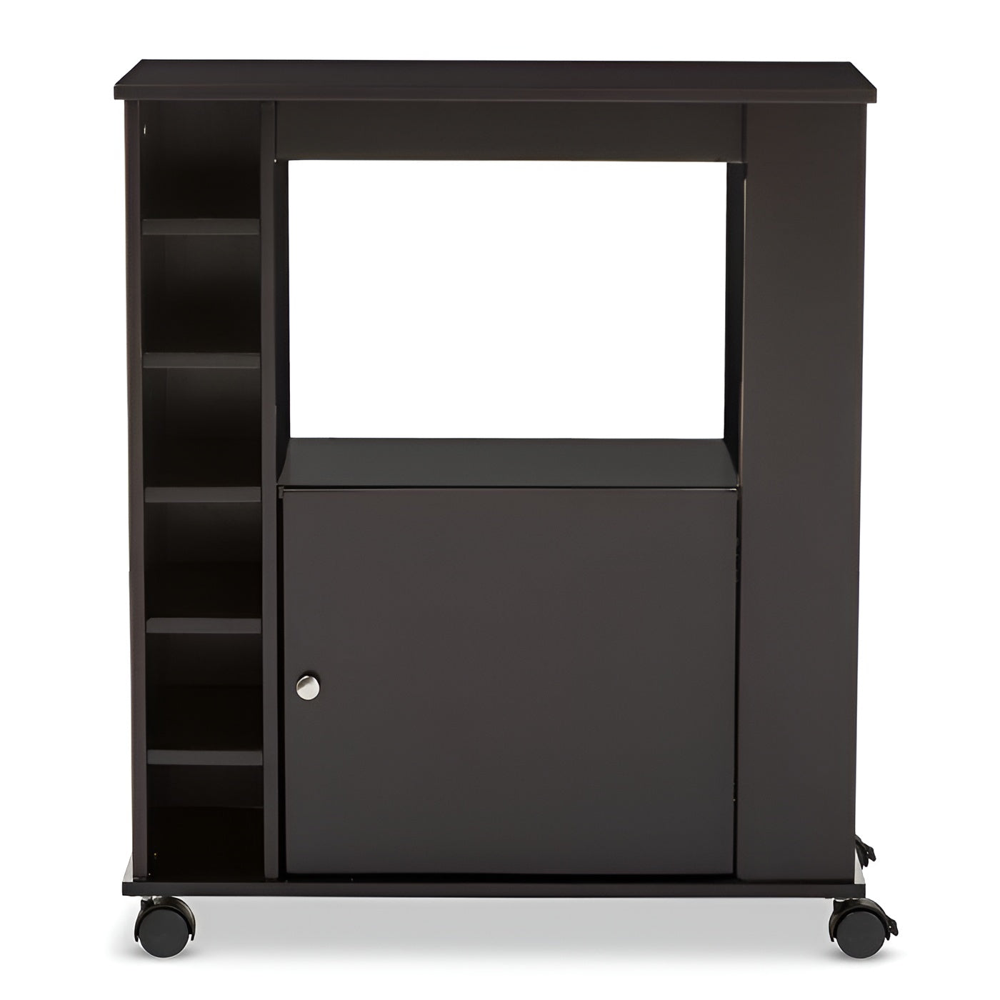 Black entertainment console with a cabinet and shelves on wheels.