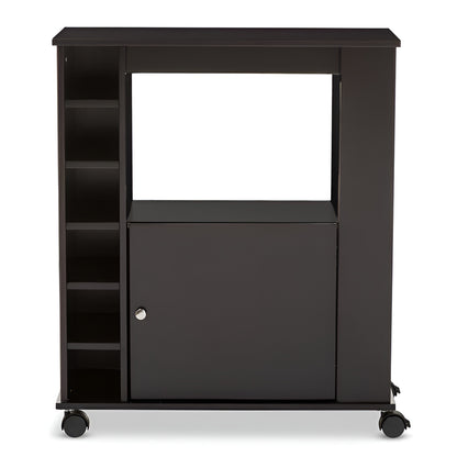 Black entertainment console with a cabinet and shelves on wheels.