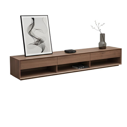 Wooden TV stand with a framed picture and vase on a white background