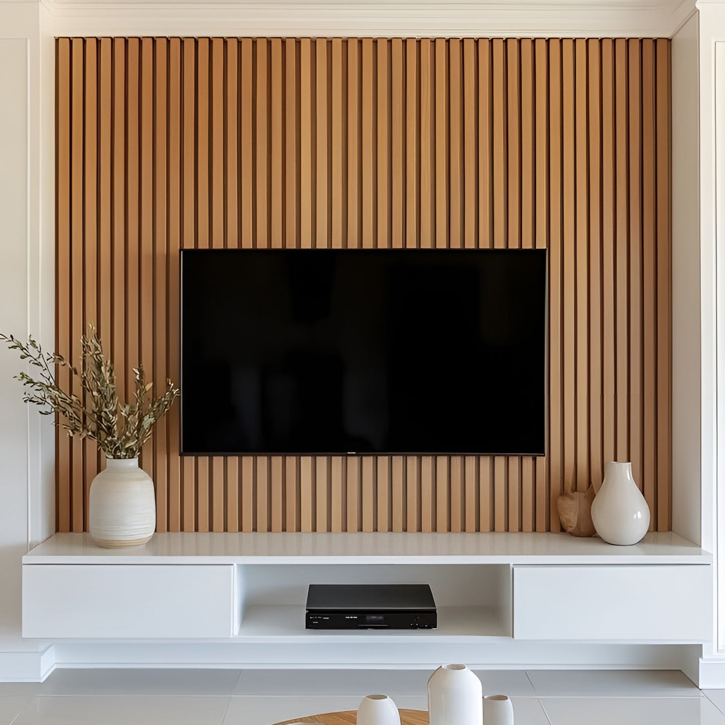 Modern living room with a television mounted on a wooden slat wall, white entertainment console, and decorative vases.