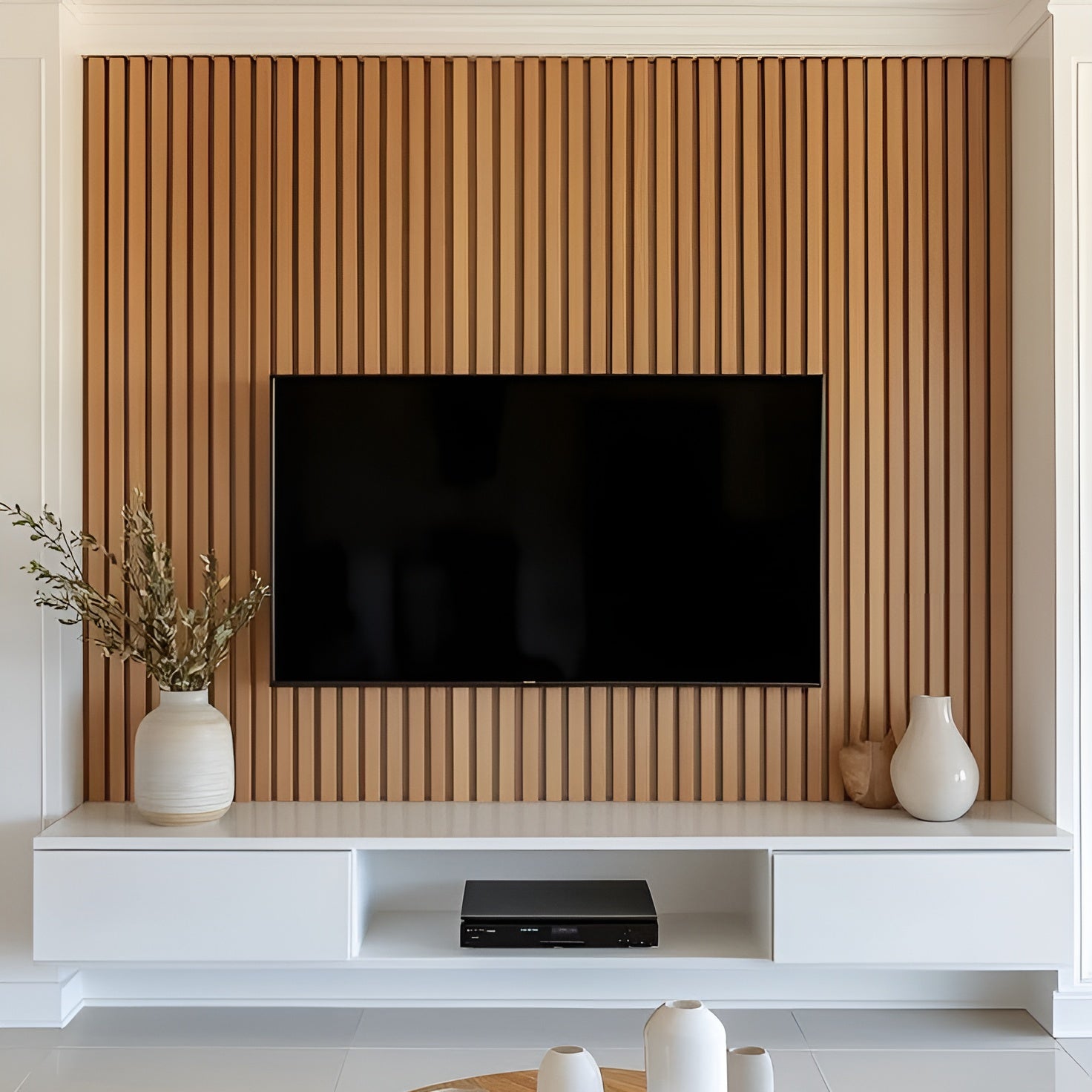 Modern living room with a television mounted on a wooden slat wall, white entertainment console, and decorative vases.