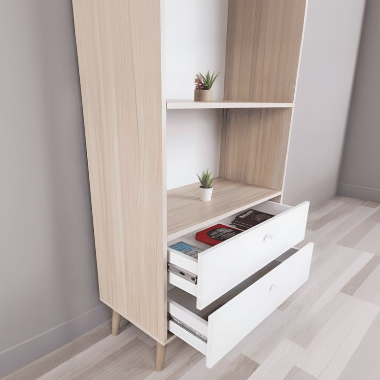 Wooden bookshelf with open drawer on a light wooden floor