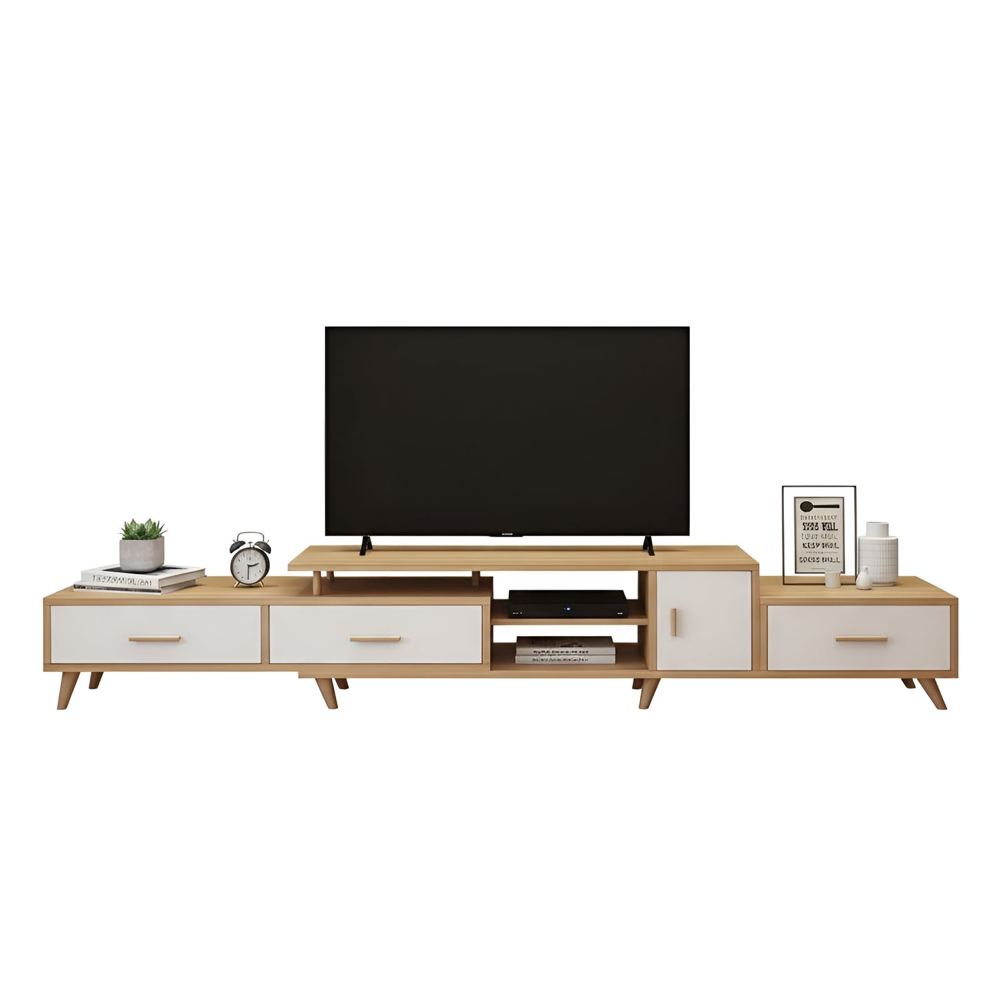 Wooden TV stand with a television on a white background