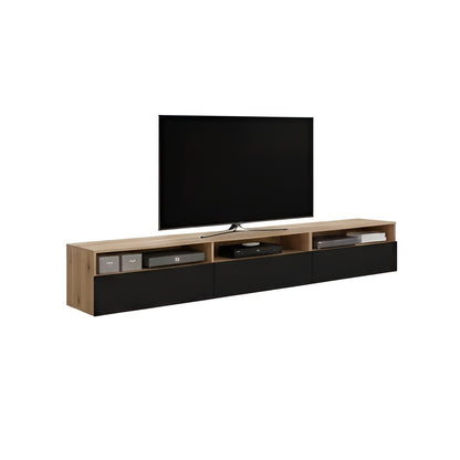 Modern TV stand with a black screen TV on a white background