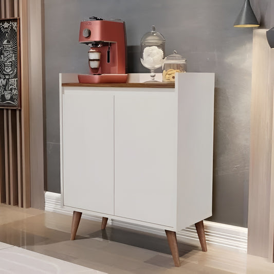 White cabinet with wooden legs and a red espresso machine on top in a room setting.