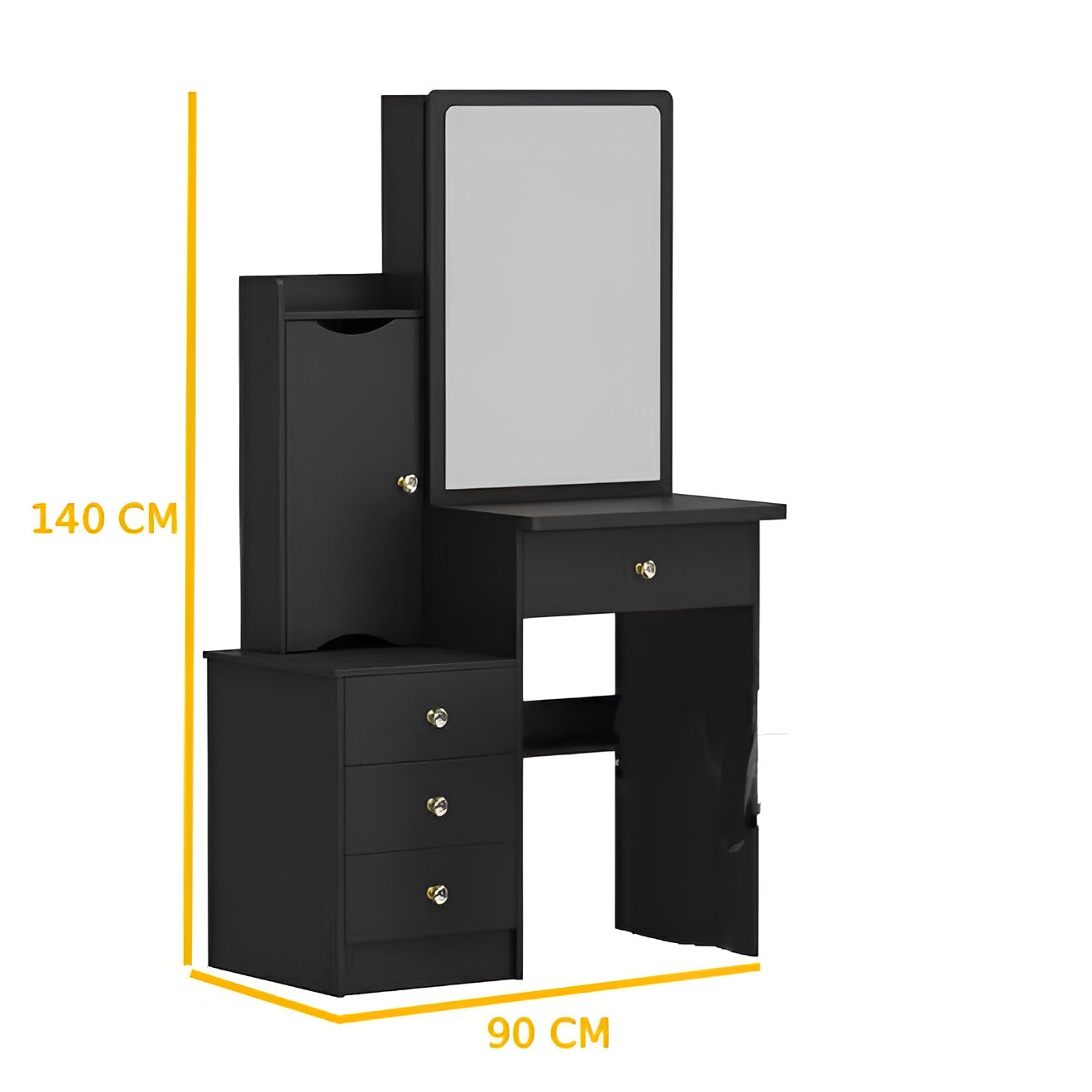 Black vanity table with mirror and drawers, shown with measurements on a white background