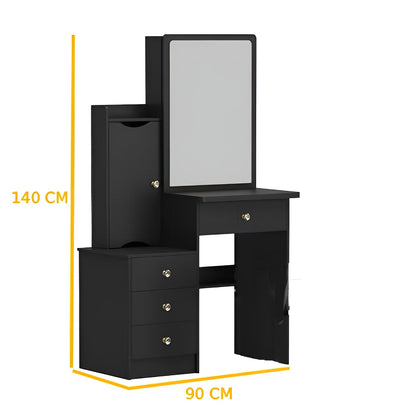 Black vanity table with mirror and drawers, shown with measurements on a white background