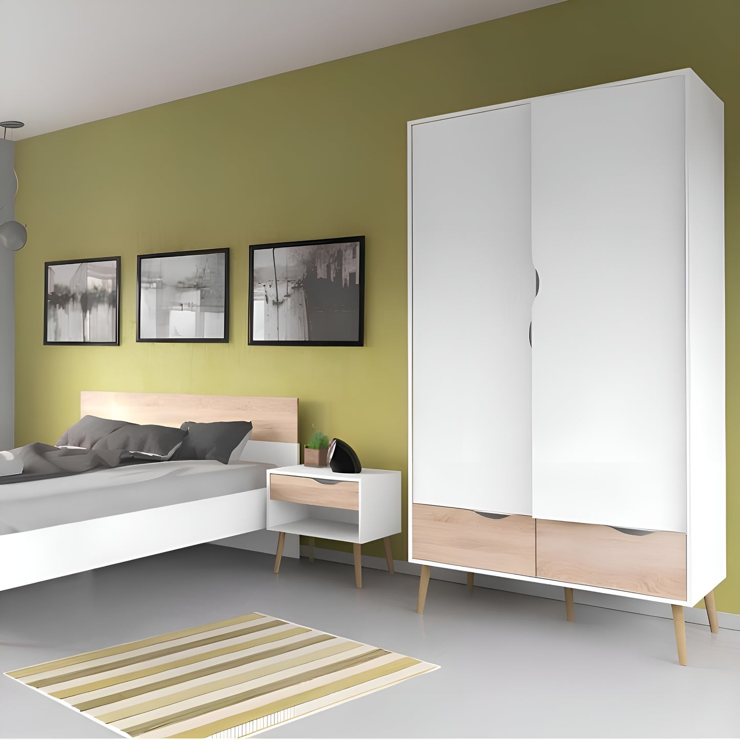Modern bedroom with a bed, nightstand, and wardrobe against a green wall.