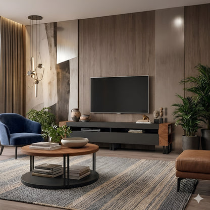 Modern living room with a television, coffee table, and decorative items.