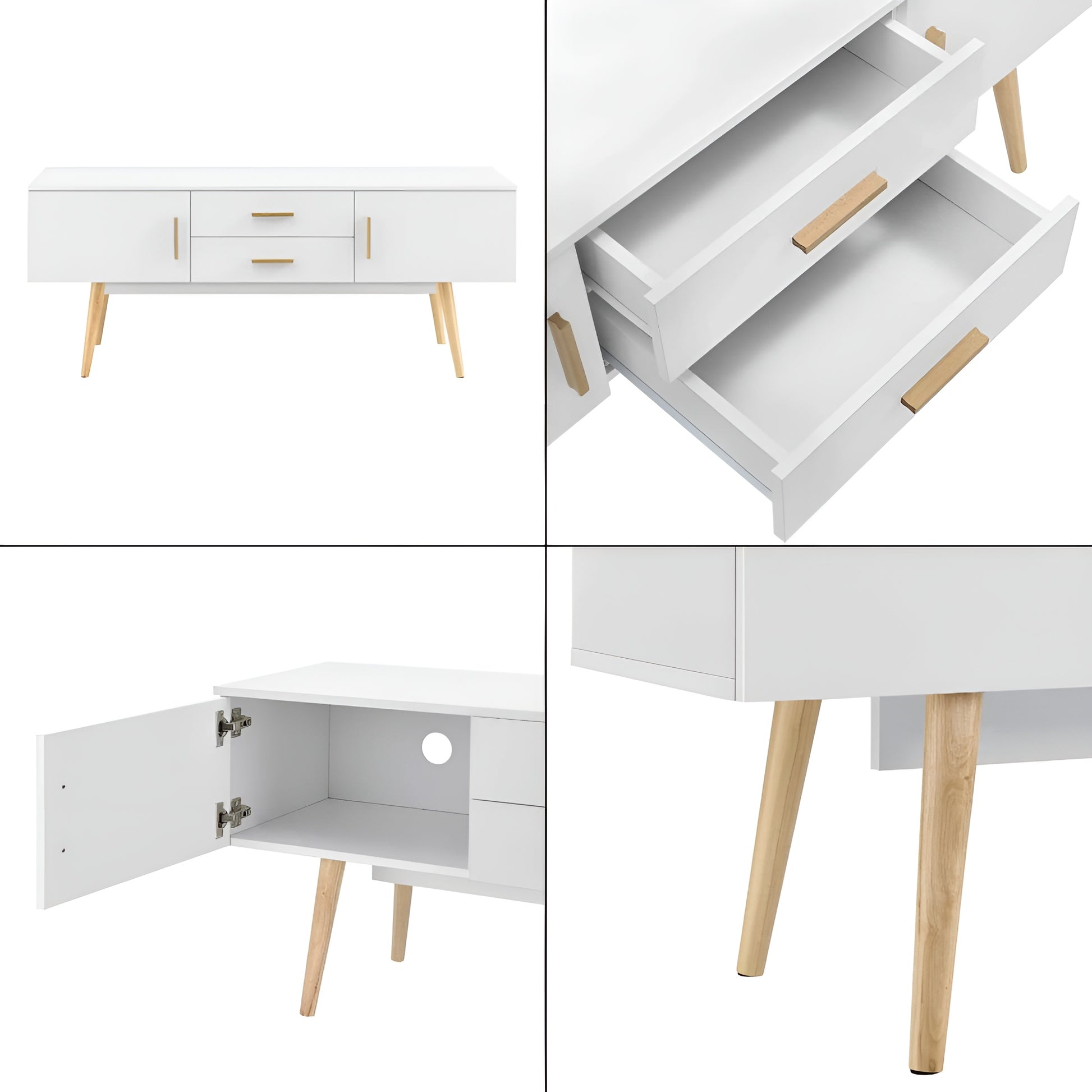 White storage unit with wooden legs shown from multiple angles on a white background