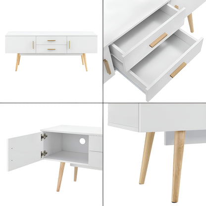 White storage unit with wooden legs shown from multiple angles on a white background