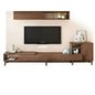 Wooden TV stand with a television mounted on a beige wall.