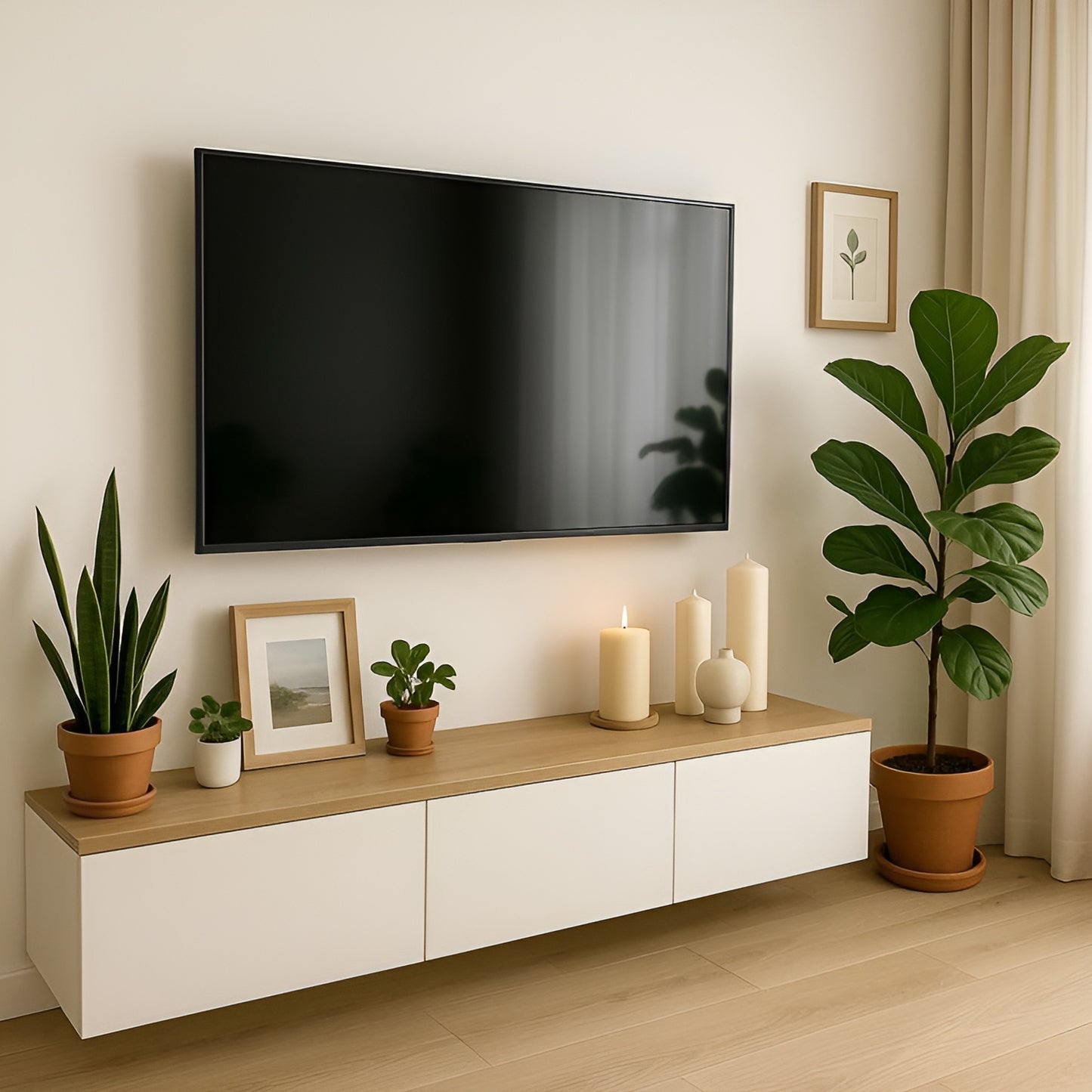 Modern living room with a TV mounted on the wall, a wooden console table with decorative items, and plants.