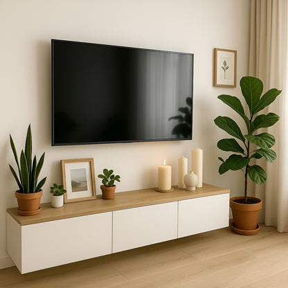 Modern living room with a TV mounted on the wall, a wooden console table with decorative items, and plants.