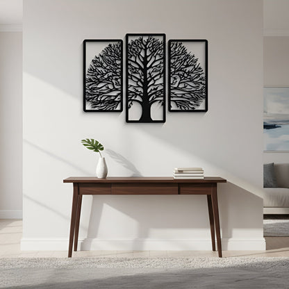 Modern living room with a wooden desk, decorative wall art, and a sofa.