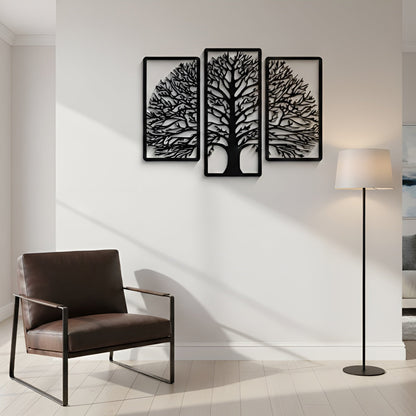 Modern living room with a brown armchair, floor lamp, and wall art of trees.