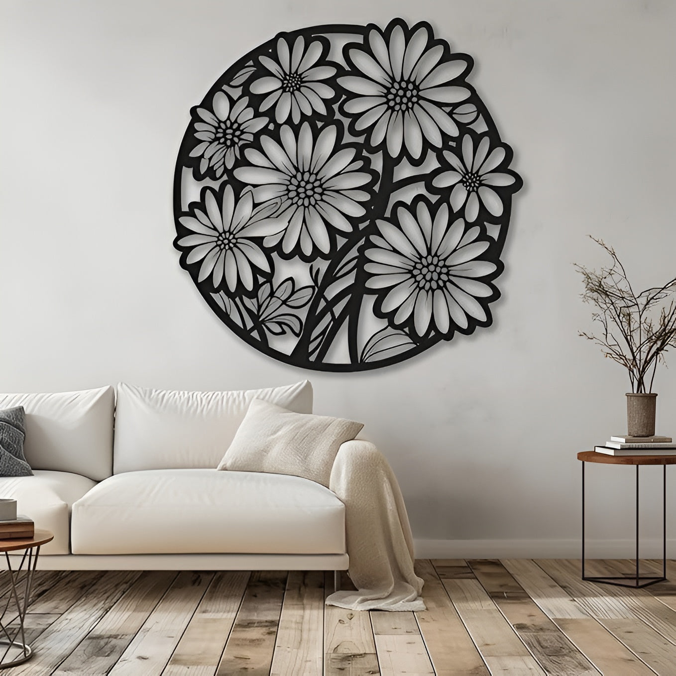 Decorative metal wall art with floral design in a living room setting.