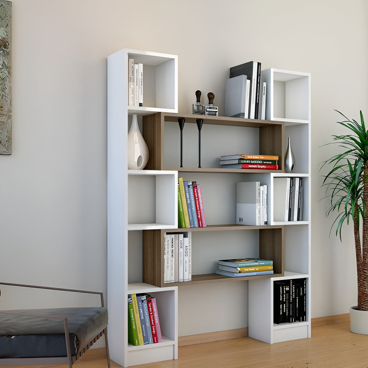 White and brown bookshelf with books and decor items in a room.