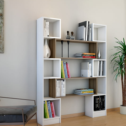 White and brown bookshelf with books and decor items in a room.