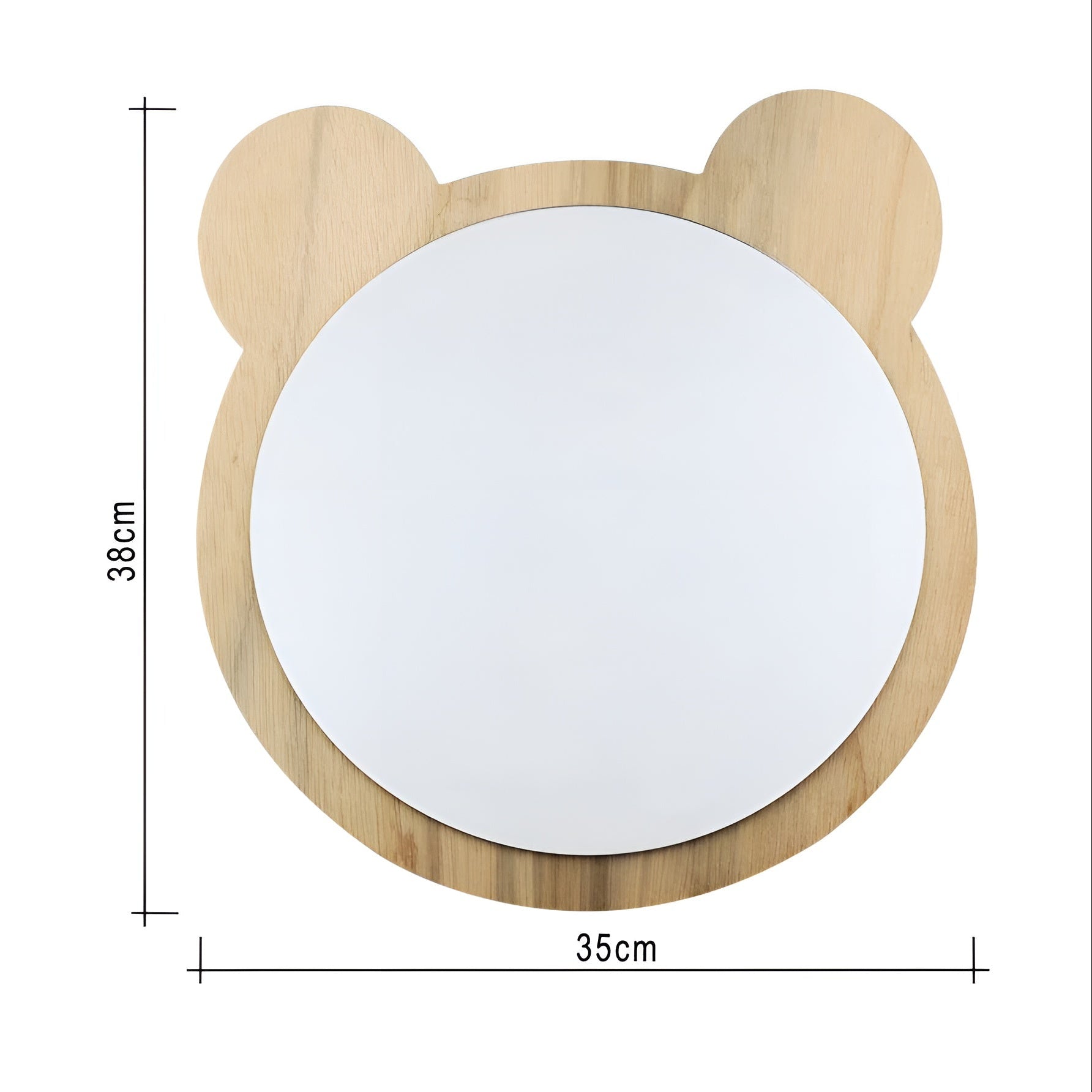 Round mirror with bear ears and dimensions on a white background