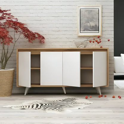 Modern wooden sideboard with white doors in a room with a plant and zebra rug.