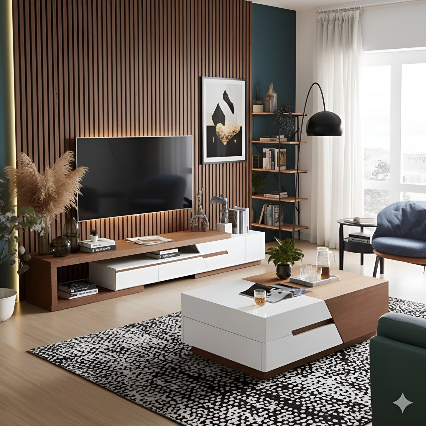 Modern living room with a television, coffee table, and decorative elements.