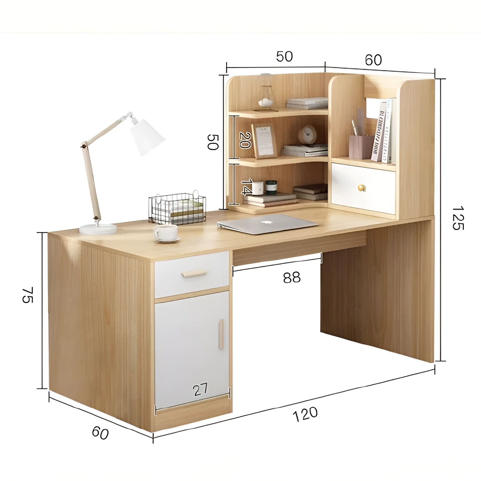 Wooden office desk with shelves and dimensions labeled