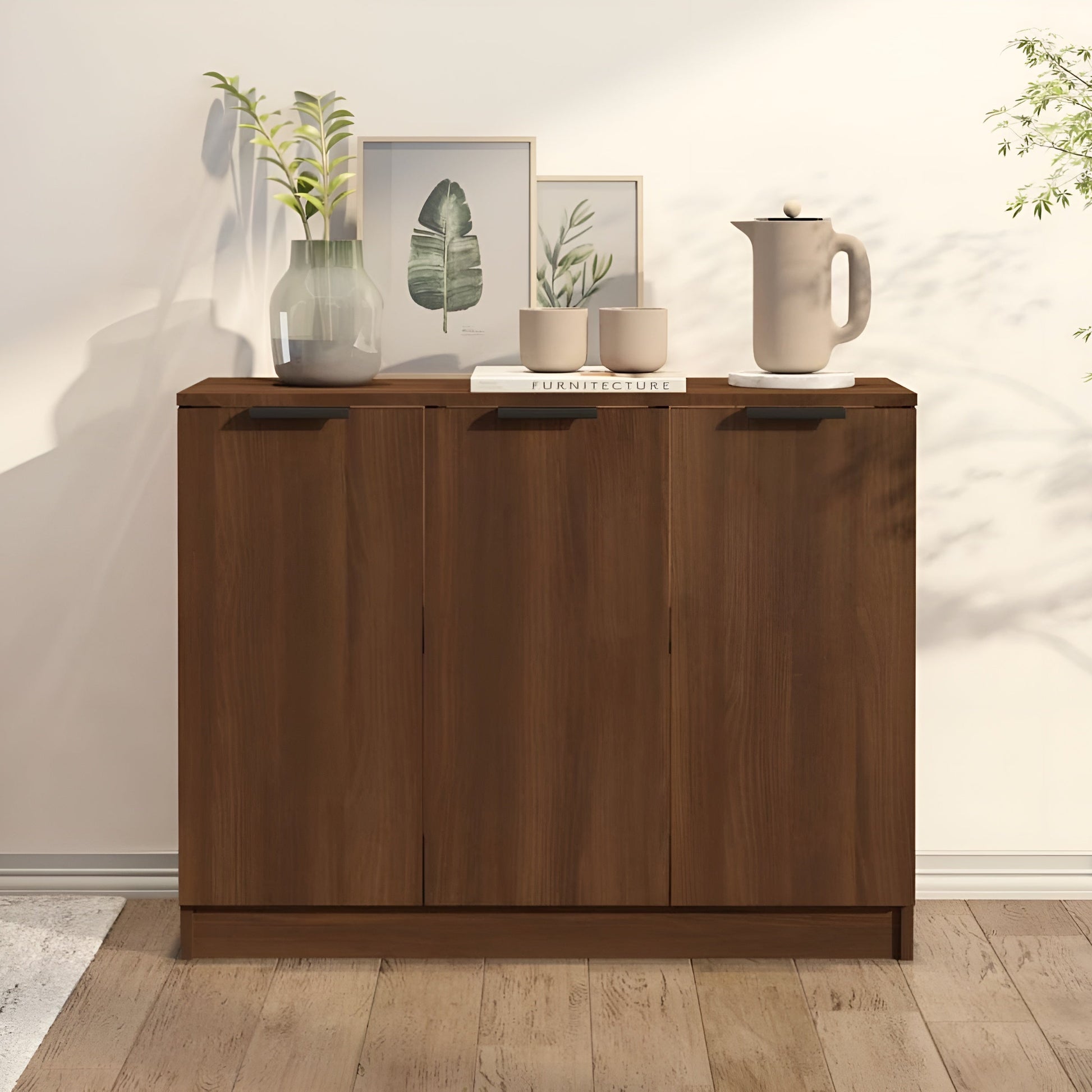 Wooden cabinet with decorative items on a light wooden floor and white wall background