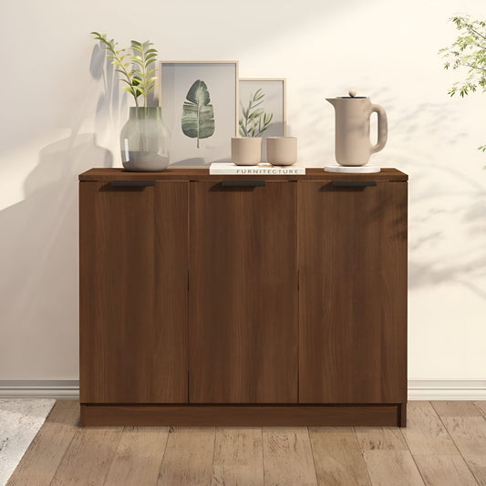 Wooden cabinet with decorative items on a light wooden floor and white wall background