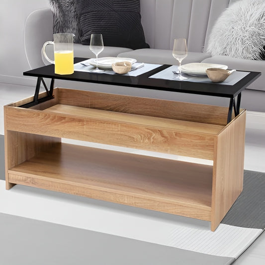 Wooden coffee table with a lift-top feature in a living room setting.