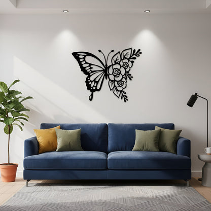 Modern living room with a blue sofa, decorative pillows, and a butterfly wall art.
