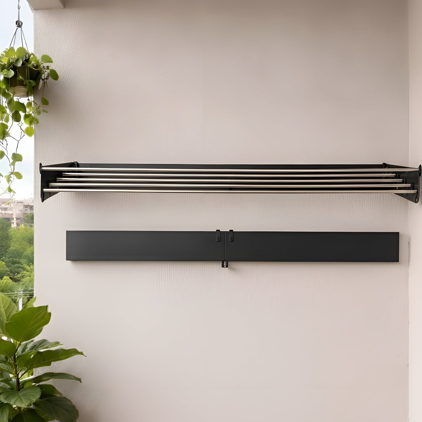 Modern outdoor wall-mounted heater with plants on a wooden deck