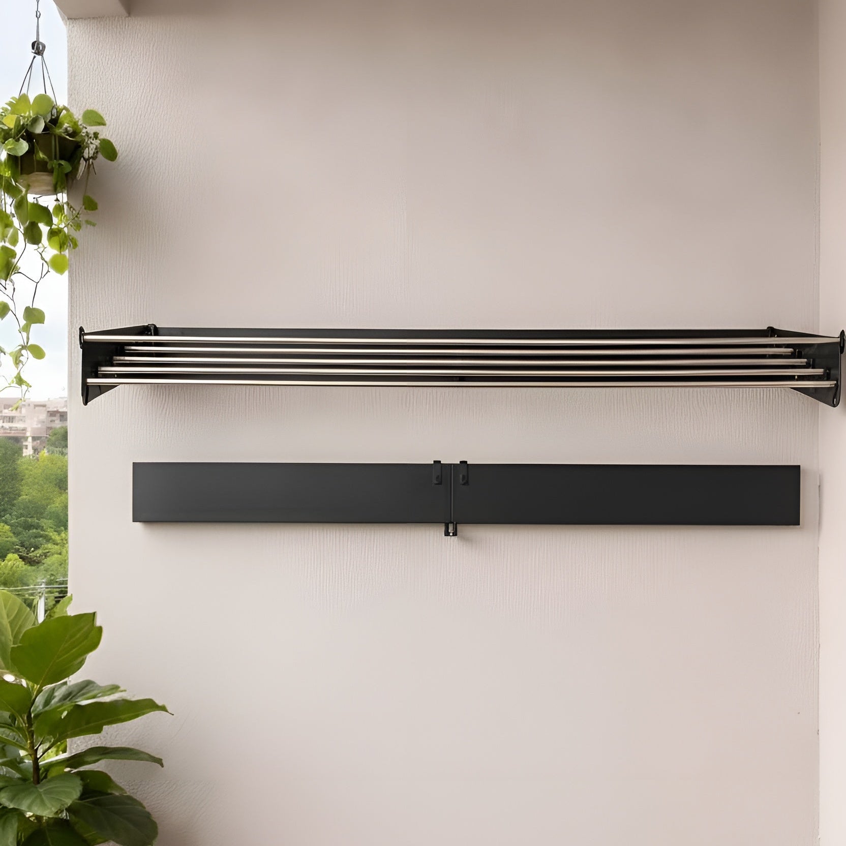 Modern outdoor wall-mounted heater with plants on a wooden deck