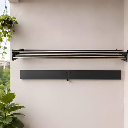 Modern outdoor wall-mounted heater with plants on a wooden deck