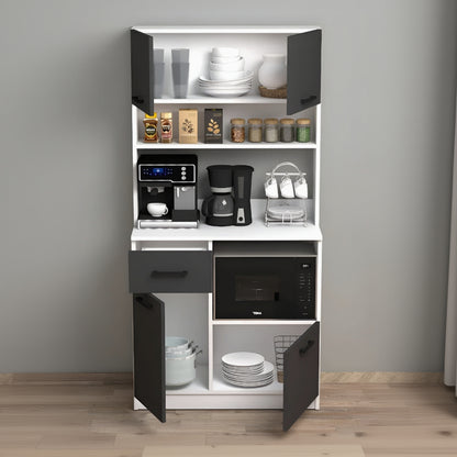 Kitchen cabinet with appliances and cookware on a wooden floor.