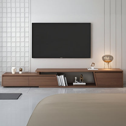 Wooden TV stand with a television mounted on a wall with a geometric tile pattern.