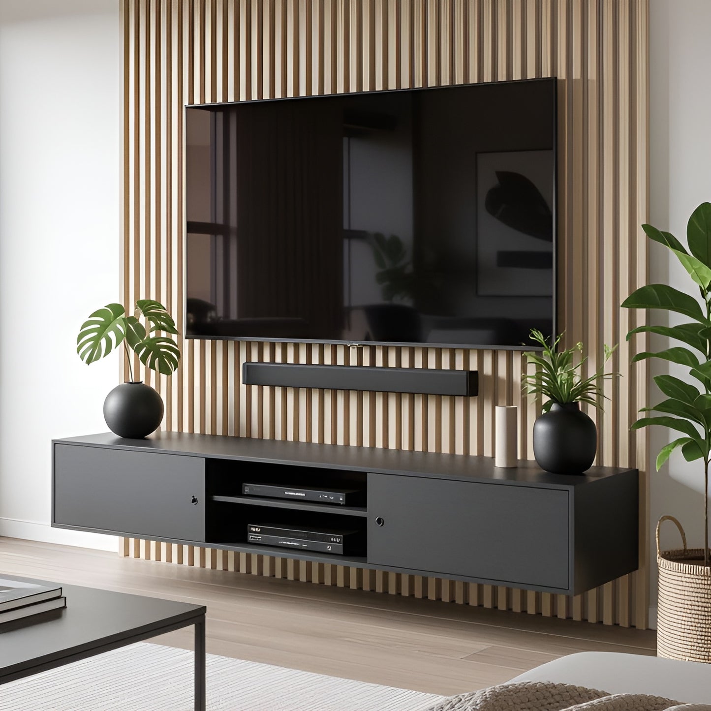Modern living room with a black TV stand, television, and decorative plants.