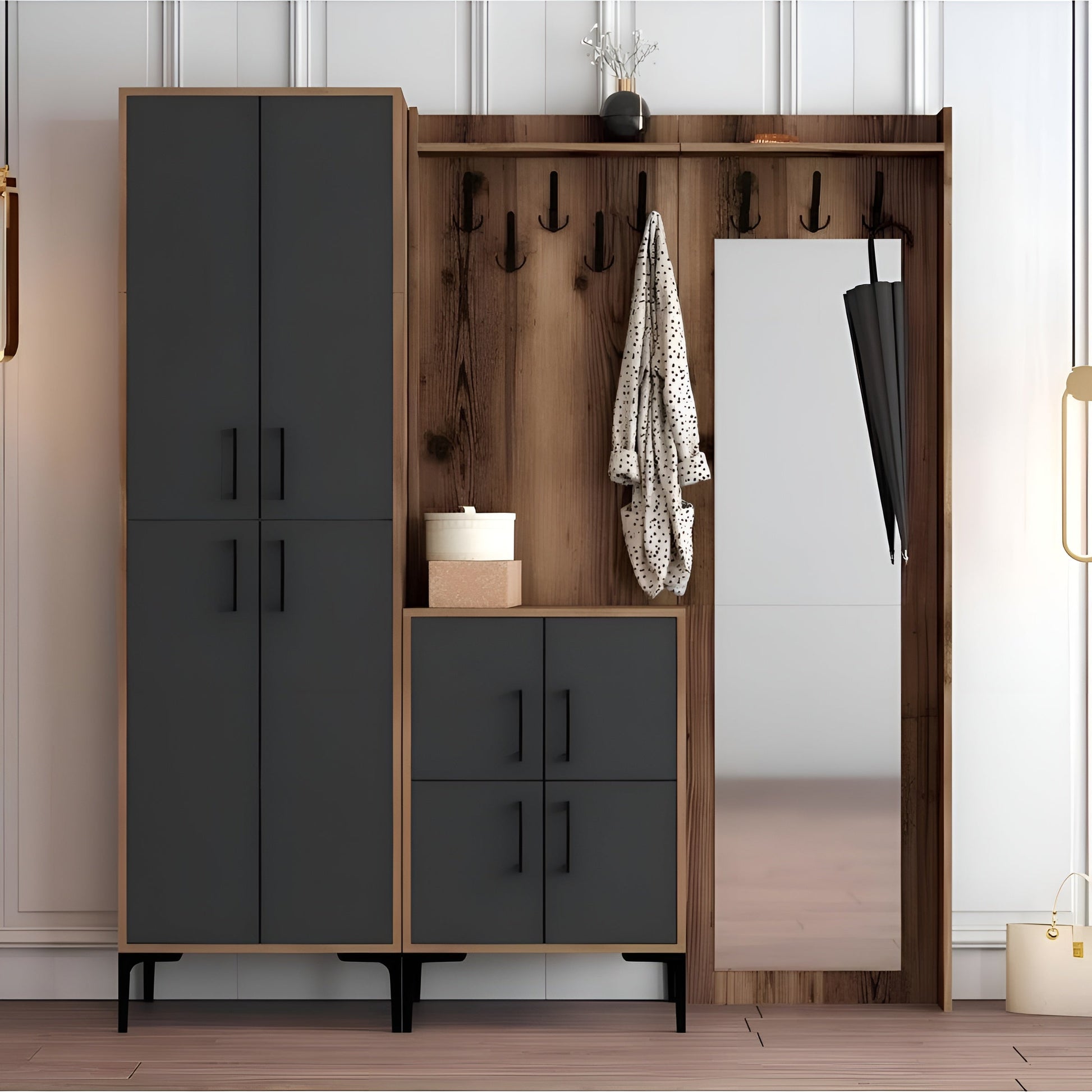 Wooden wardrobe with black doors and mirror on a white wall background