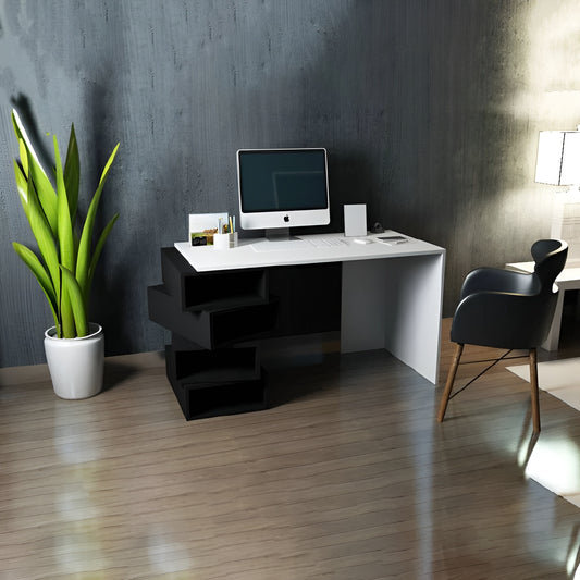 Modern office desk with computer setup in a room with a plant and chair.