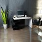 Modern office desk with computer setup in a room with a plant and chair.